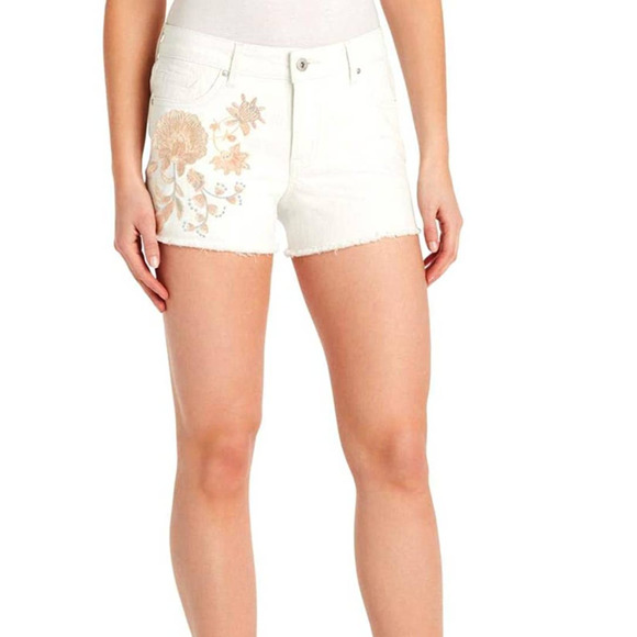 Jessica Simpson Cherish Embroidered Frayed Hem Denim Shorts - Picture 1 of 7